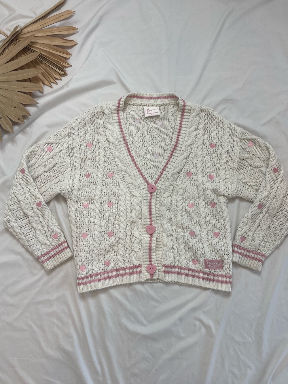 Taylor Swift Lover Pink White Cable Knit Hearts Eras Cardigan Sweater XS/Small